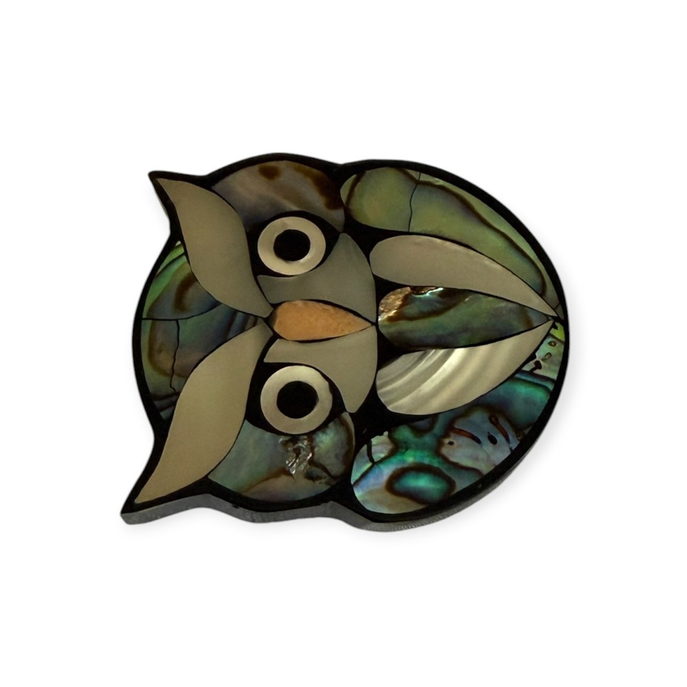 Vintage Lee Sands Owl Brooch Abalone Mother of Pearl Shell Mosaic Inlay Pin - Picture 5 of 7
